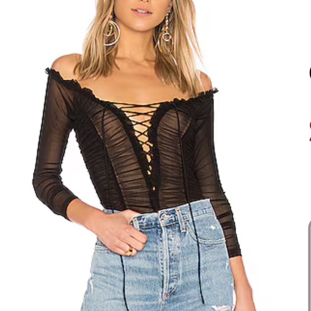 Majorelle Cleo bodysuit off the shoulder lace up ruched sheer sleeve sz m sexy